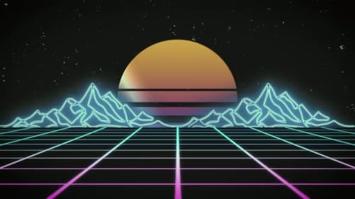 Retro 80s Neon Grid Landscape with Abstract Mountains and Sun