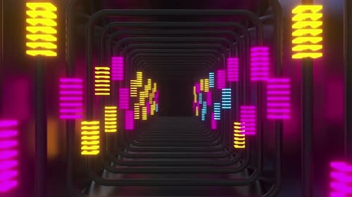 Abstract Neon Equalizer Bars in a Geometric Tunnel Loop
