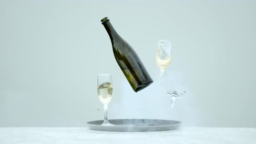 A bottle and two champagne glasses exploding, Ultra Slow Motion
