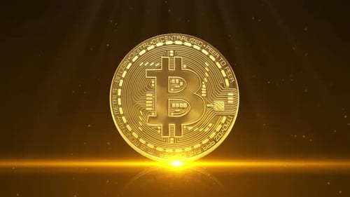 Rotating Golden Bitcoin Coin with Light Rays