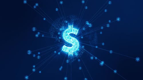 Blue digital money and earth sphere with line connection and data transfer to futuristic technology