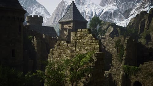 Ancient Castle at Sunrise with Mountains in Background