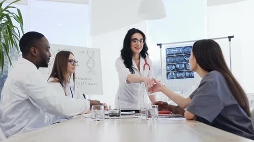 Medical Team Discussing Healthcare in a Bright Workplace