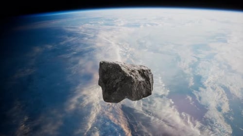 Realistic Asteroid Floating Over Planet Earth in Space