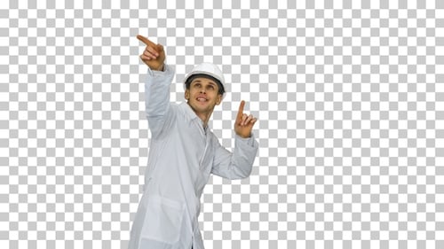 Funny scientinst in white robe and safety helmet dancing Alpha