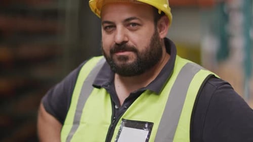 Caucasian male factory worker at a factory wearing a high vis vest and a hard hat standing