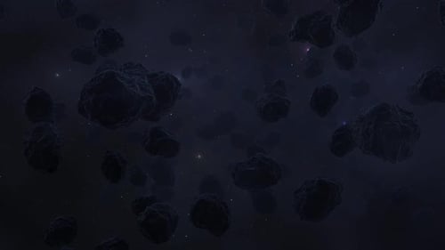 Dunkler Asteroidengürtel. Der dichte Meteoritenschwarm bewegt sich langsam
auf die Kamera zu