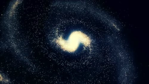 Goldene Spiralgalaxie bestehend aus weißen Sternen auf schwarzem Weltraumhintergrund