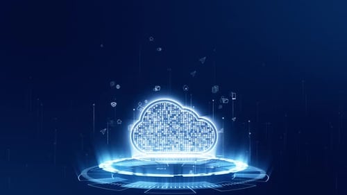 Blaues digitales Cloud-Logo mit futuristischer Technologie Kreisrotation auf abstraktem Hintergrund