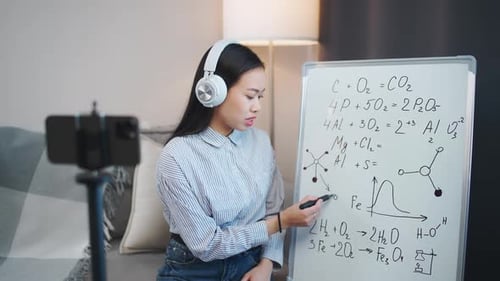 Woman Explains Chemistry Lesson At Home With Whiteboard