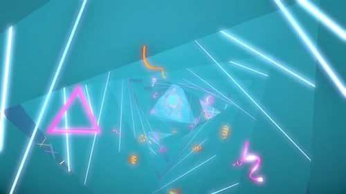 Abstract Neon Geometric Tunnel with Glowing Lines and Shapes