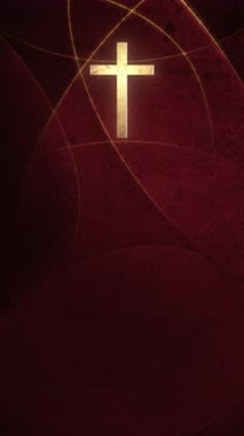 Glowing Golden Cross on Abstract Red Worship Background Vertical
