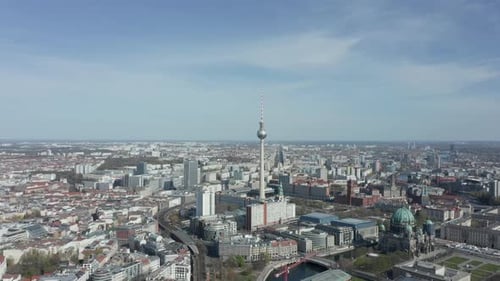 AERIAL: Wide View of Empty Berlin, Germany Alexanderplatz TV Tower with Almost No People or Cars on