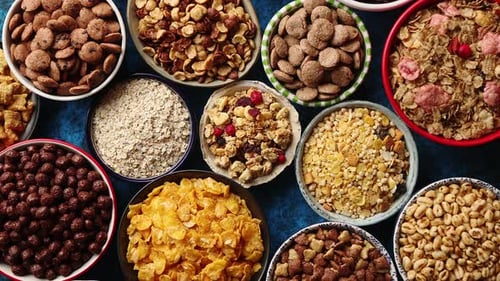 Assorted Bowls of Breakfast Cereal Viewed from Above