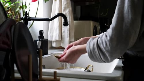 woman washes a dish at kitchen