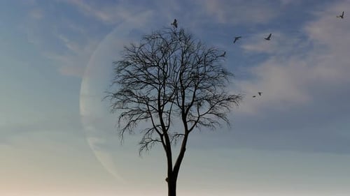 Arbre épique avec lune et oiseau en arrière-plan