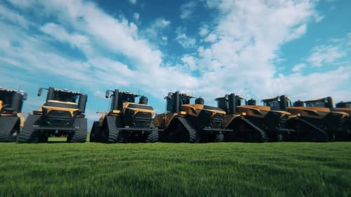 Fleet of Modern Agricultural Tractors in a Green Field