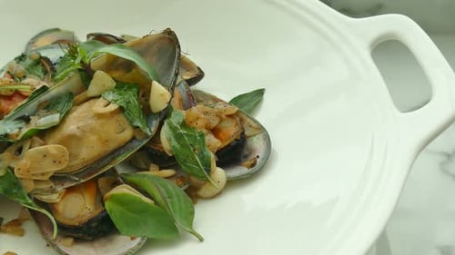 Close Up of Mussels with Basil and Garlic