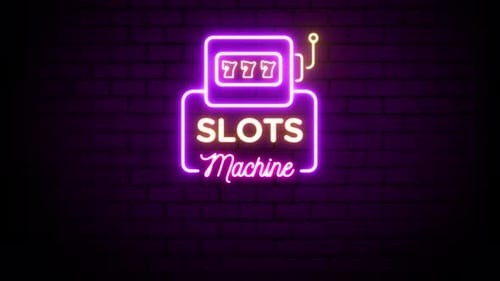 Spielautomaten Casino Neonschild auf Backsteinmauer-Hintergrund 4K