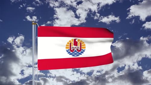 French Polynesia Flag Waving in Realistic Sky