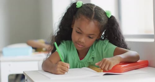Girl Writes in Notebook at School Desk