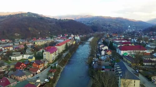 Flight Over Rakhiv Town And River Tisa In Ukraine