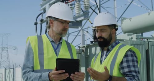 Engineers Inspecting Equipment Using Tablet at Power Station