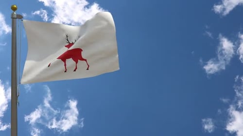 Realistic Waving White Flag with Red Deer Against Blue Sky