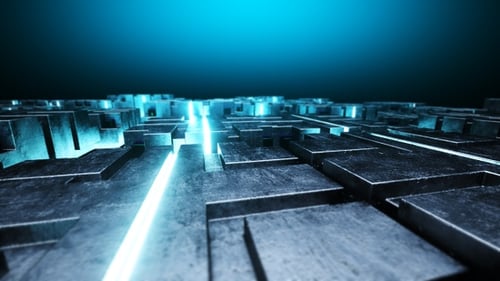 Futuristic Digital Circuit Board with Glowing Blue Energy Lines