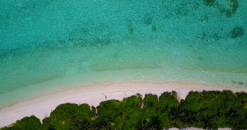 Tropical birds eye abstract shot of a white sandy paradise beach and aqua blue ocean background