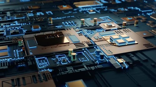 High Tech Integrated Circuit Board with Processor Close Up