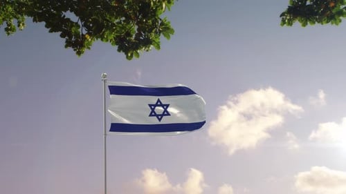 Realistic Israel Flag Waving With City Skyline Background