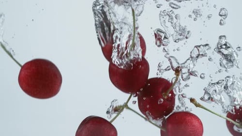 Slow motion shot of cherries splashing into water, shot with Phantom Flex 4K camera.