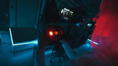 Woman Holds VR Headset in Futuristic Room