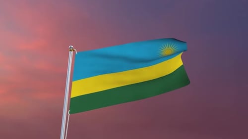 Realistic Waving Flag of Rwanda Against Sunset Sky