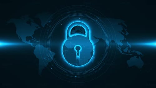 Blue security Key with head up display technology interface and futuristic elements on earth