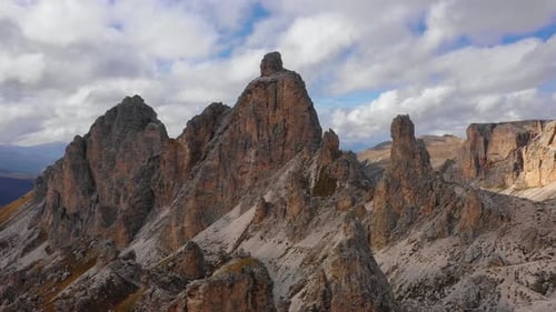 Aerial View of the Paso Gardena Pass in the Province of Bolzano. Dolomites. Flying Near the Pizes De