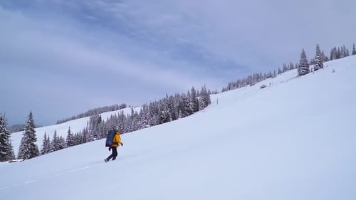 Hiker Ascends Snowy Mountain in Winter Landscape