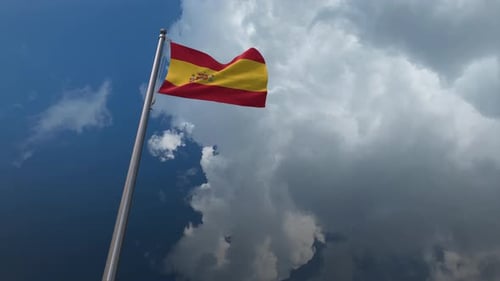 Realistic Spain Flag Waving in Cloudy Sky