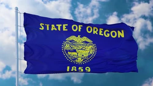 Realistic Waving State of Oregon Flag Against Blue Sky