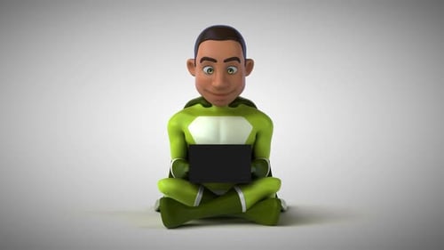 Fun 3D cartoon superhero typing on a laptop