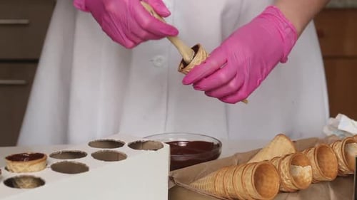 Painting Chocolate Inside Waffle Cones