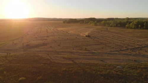 Aerial View of Tractor with Hay in the Field. Bales of Hay Stacked in the Trailer. Agricultural Work