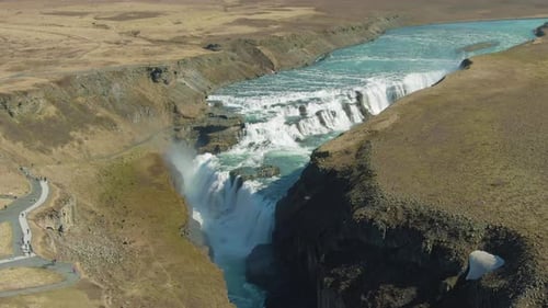 Gullfoss Waterfall on Summer Day. Iceland. Aerial View