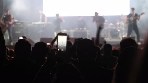 People Filming Rock Concert on Smartphones Silhouettes Crowd of Fans Dancing