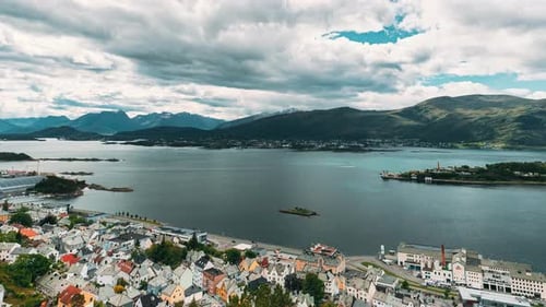 Alesund, Norway. Alesund Skyline Islands. Top View. . Time Lapse