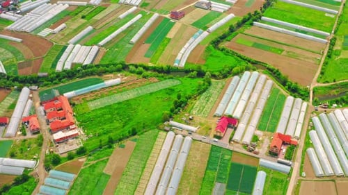 Aerial View of Greenhouses and Farmland