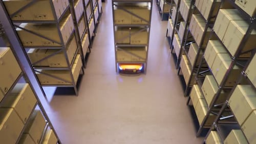 Warehouse industry autonomic robots carrying metal shelves with cardboard boxes.