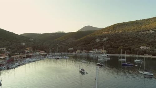 Aerial view of group of boats anchored in the bay of Ithaki, Greece.
