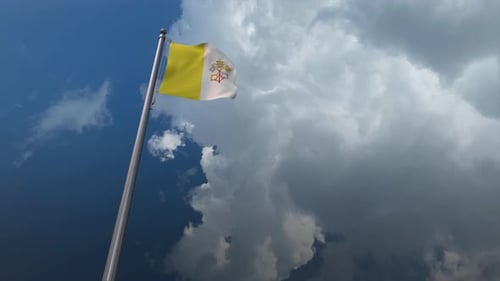 Vatican City Flag Waving in Realistic Cloudy Sky Background